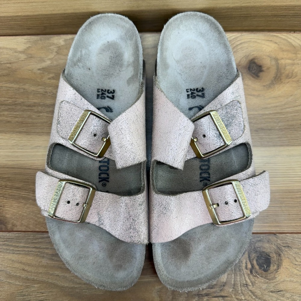 Birkenstock Arizona Sandals Womens 6 N EU 37 Pink Shimmery Crackle Leather